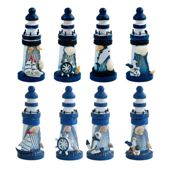 Wooden Lighthouse Figurine, Handmade Nautical Lighthouse Beach Decoration, White Blue Coastal Tabletop Decor for Home, Living Room