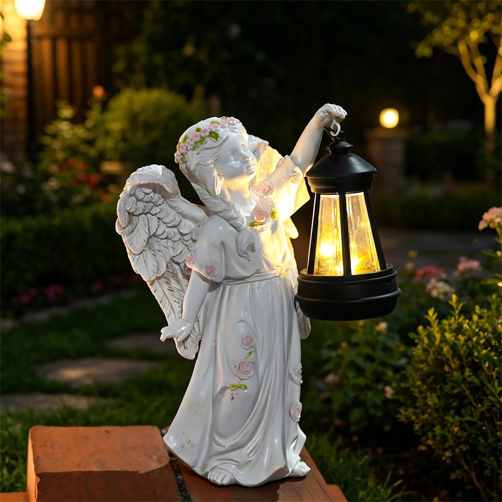 Outdoor Garden Angel Statue with Lantern Solar Powered Resin Craft Decorative Sculpture for Yard Patio Lawn Home Accent