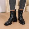Fashion Spliced Front Lace-Up Single Boots Women's Fashion Square Toe Anti-Slip Wear-Resistant Block Heel Shoe