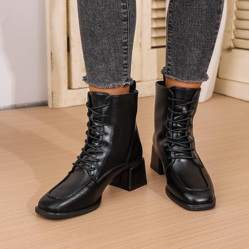Fashion Spliced Front Lace-Up Single Boots Women's Fashion Square Toe Anti-Slip Wear-Resistant Block Heel Shoe