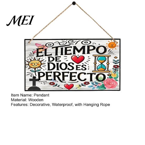 Entrance Wall Hanging Decor Spanish Religious Prayer Ornament with Rose Cross Flower, Inspirational Art Wooden Decorative Pendant for Living
