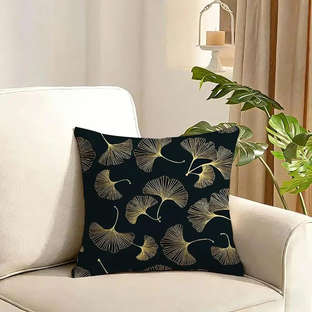 Ginkgo Leaves Printed Cushion Cover Reversible Plush Pillow Cover Soft Fluffy Home Decor for Sofa Bedroom