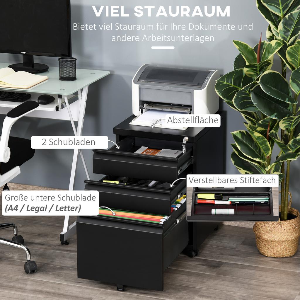 3 Drawer Filling Cabinet, Mobile Metal File Cabinet with Anti-tilt Design for Letter, A4, Legal Size, Black