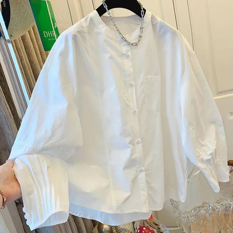 Women s Purple Mandarin Collar Shirt Long Sleeve Casual Loose Fit Button-Down Top with Pocket M белый