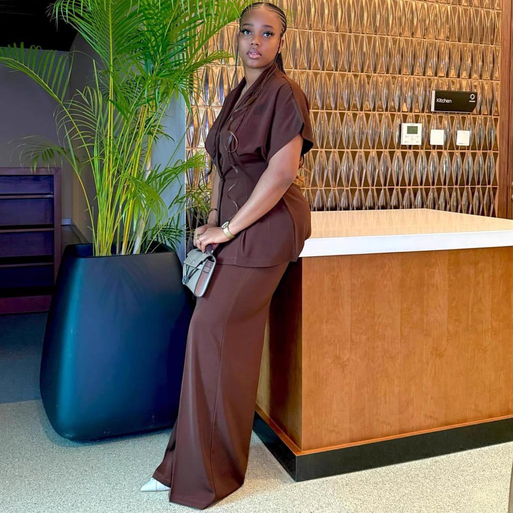 Women's Dark Brown Short Sleeve Blazer and Wide Leg Pants Set