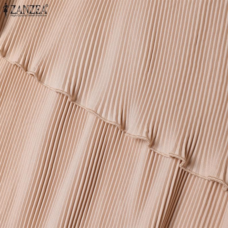 ZANZEA Women Casual O-Neck Ankle Length Lantern Sleeve Pleated Design Dress