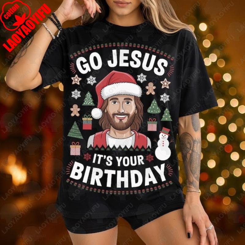 

Go Jesus Its Your Birthday Christmas Ugly Sublimation Design Camisetas New Year Xmas Festival Tops Men Women Cotton Tshirt Gifts 4XL