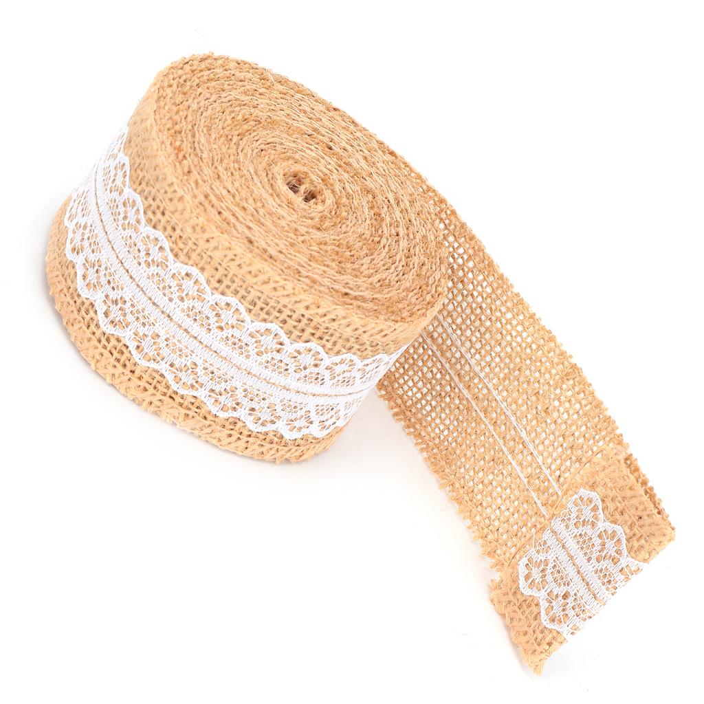Jutaband med vit spets Naturlig juterulle för DIY-dekoration Presentförpackning 5 Yards5cm