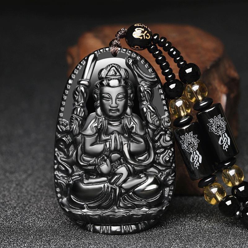 Black Obsidian Buddha Pendant Carved Design Beaded Chain Daily Wear Lucky Gift For Men Women
