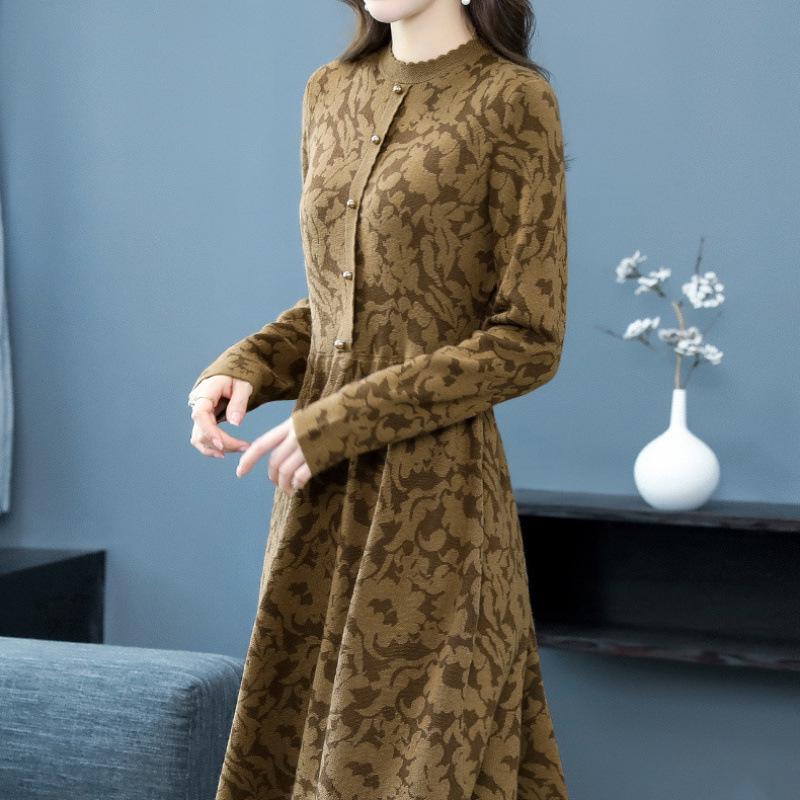 Autumn Winter 2025 High Neck Patterned Long Knit Sweater Dress