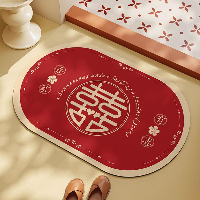 Wedding Floor Mat Bathroom Diatom Mud Strong Water Absorption Quick Drying Toilet Door Non-Slip And Anti-Drop Red Happy Word Foot Pad