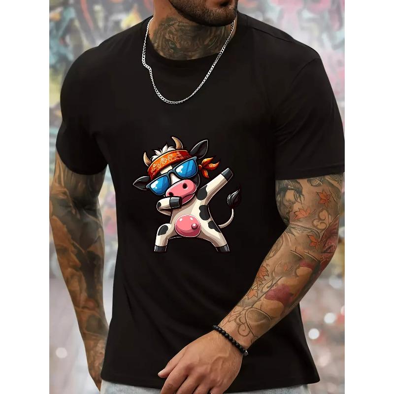 

European sizes Summer Men S Fashion Casual Crew Neck T-Shirt with Cool Cow Print, Slight Stretch, Regular Fit 4XL чорний