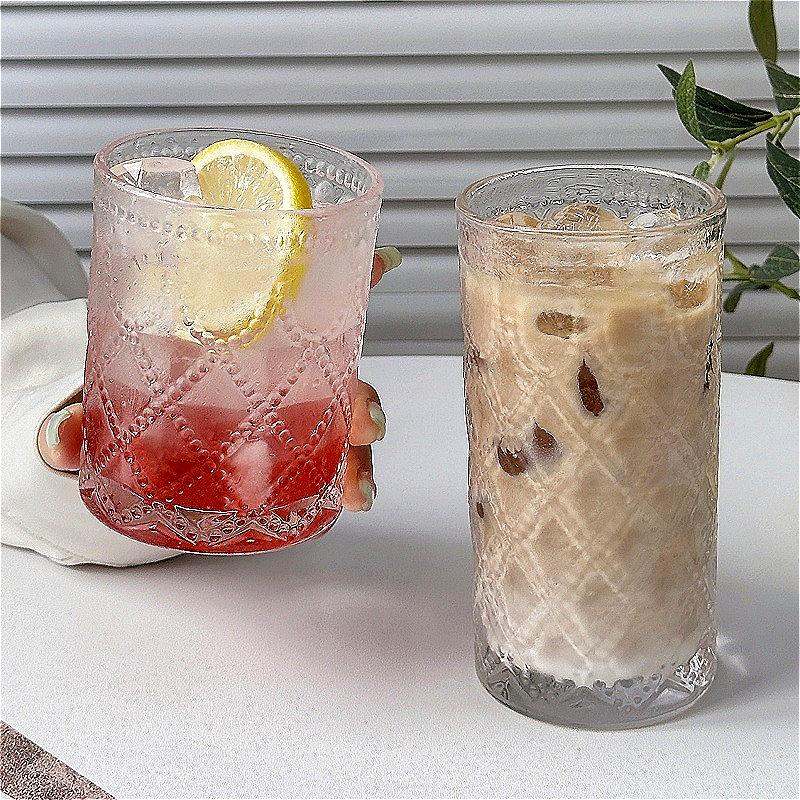 360ml/380ml Cocktail Glass Retro Transparent Relief Glass Cup Art Design Water Bottle Coffee Mug Juice Soda Water Beverage Cups