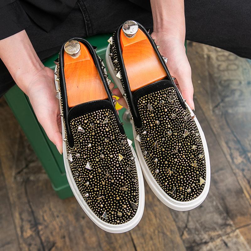 Fashion 2025 Men Tide Leather Casual Shoes Luxury Embroidery Twinkling Rhinestone Flat Shoes Leisure Sneakers Loafers Zapatillas Male