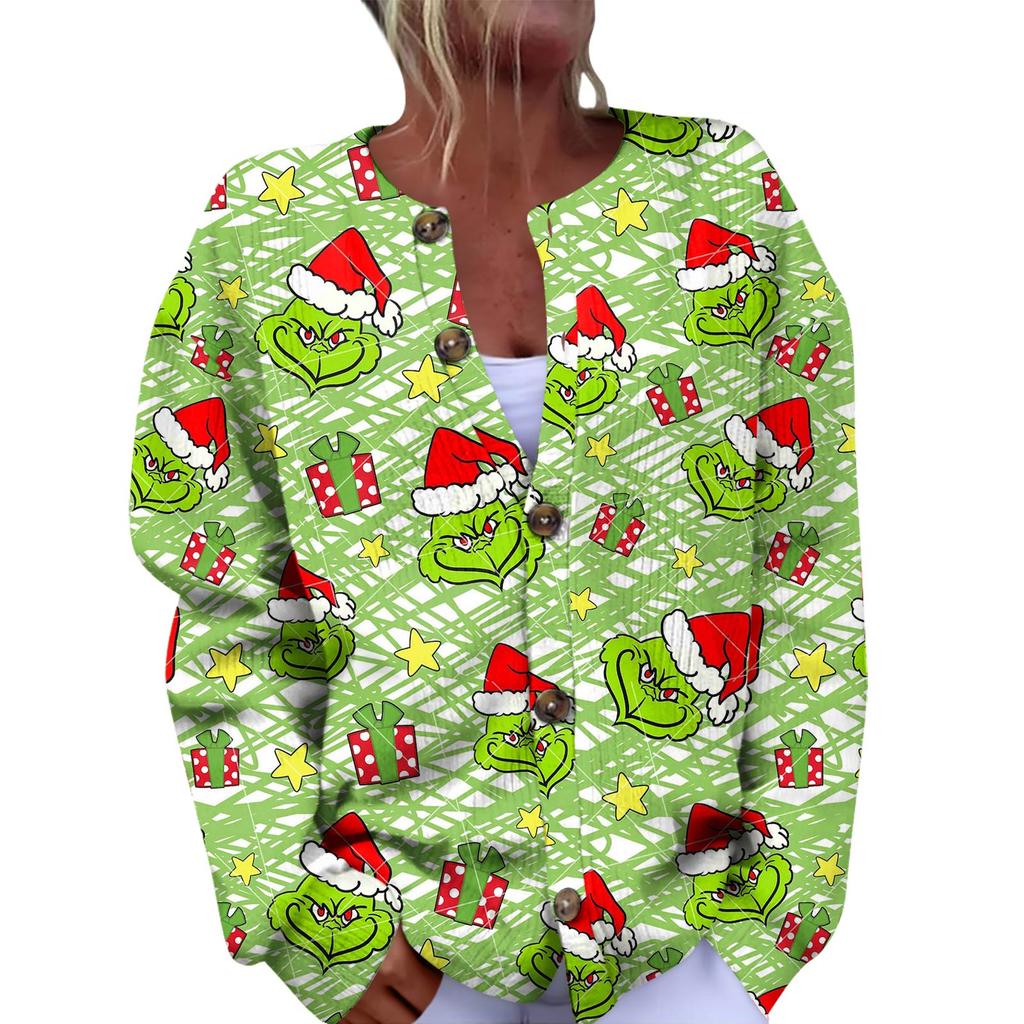Women's Fashion Christmas Printed Long Sleeve Knitted Cardigan Button Down Jacket