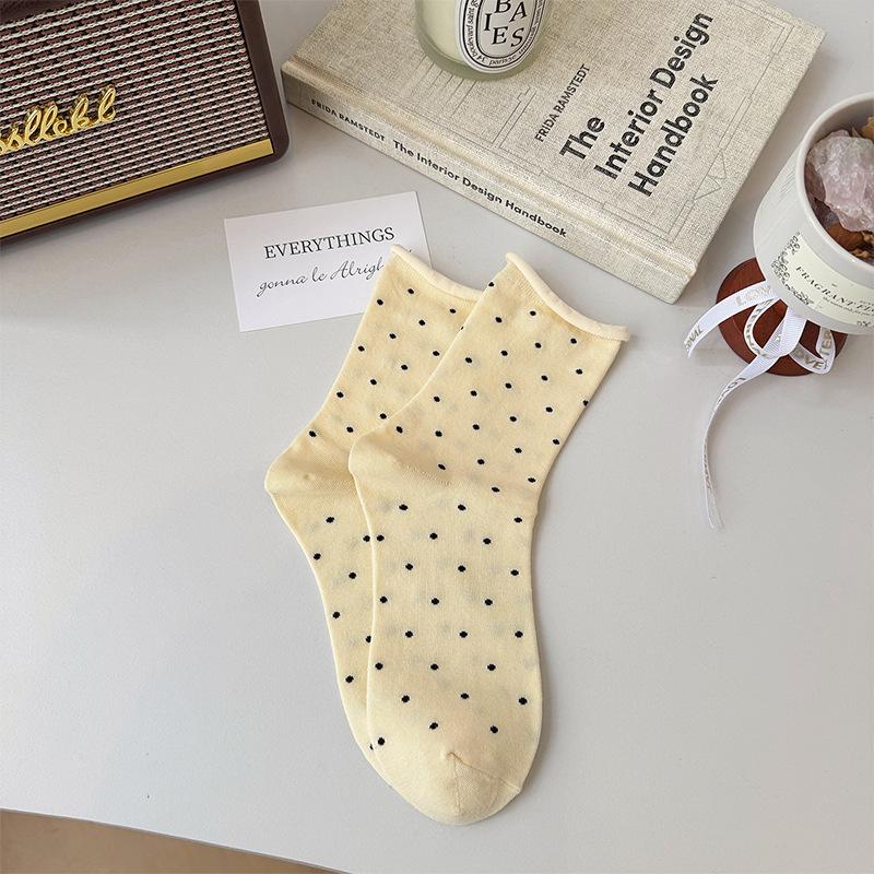 Women's Rolled Edge Polka Dot Mid-Calf Cotton Socks - Pairs Well with Birkenstock Shoes, Loose Fit, Slouchy, Casual Style