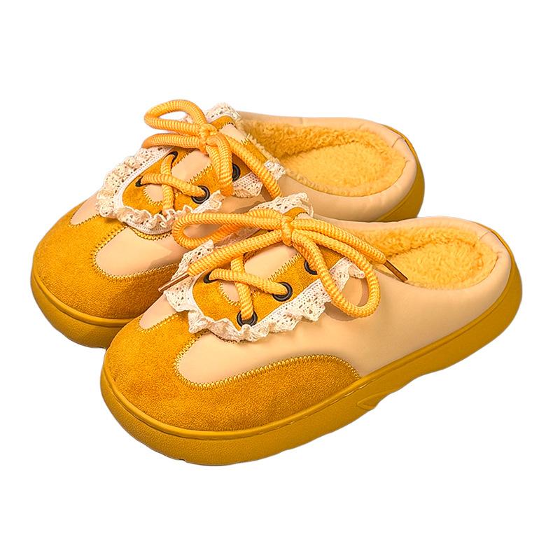 New Retro Leather Color Matching Tether German Training Shoes Autumn and Winter Indoor Household Velvet Warm Non-slip Cotton Slippers