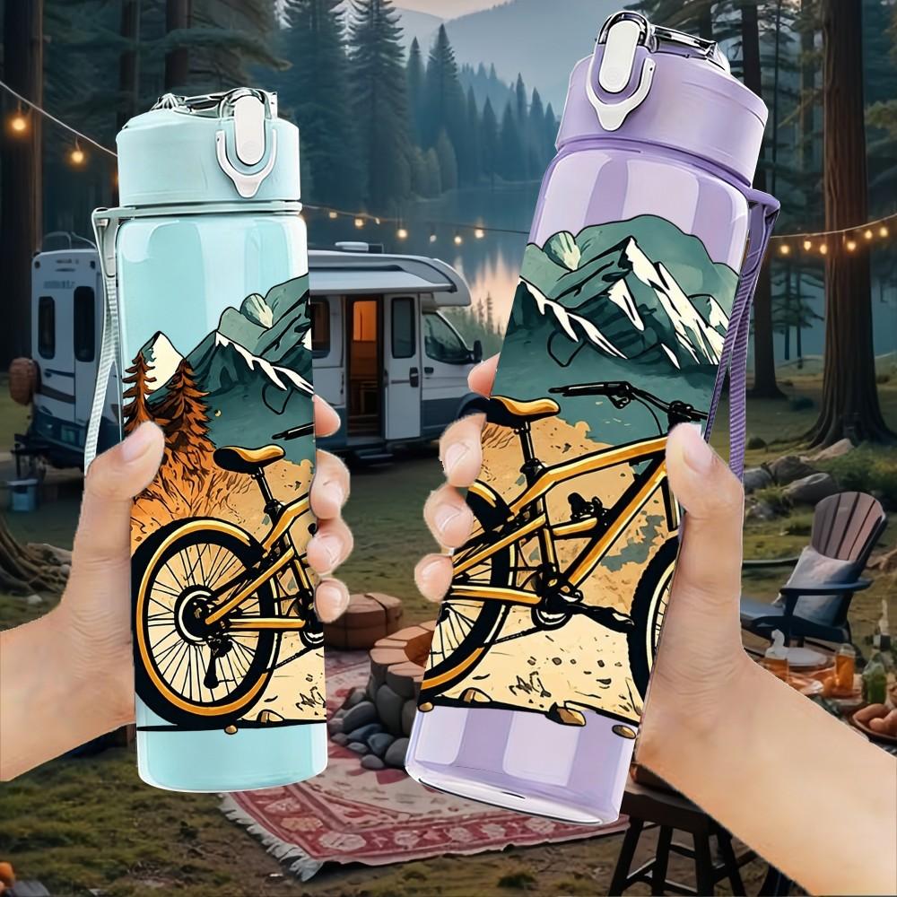 1PC Mountain Bicycle Nature Scene 750ml Color Plastic Sports Water Bottle Leakproof Flip Straw Lid Suitable for Sports Office Home Use
