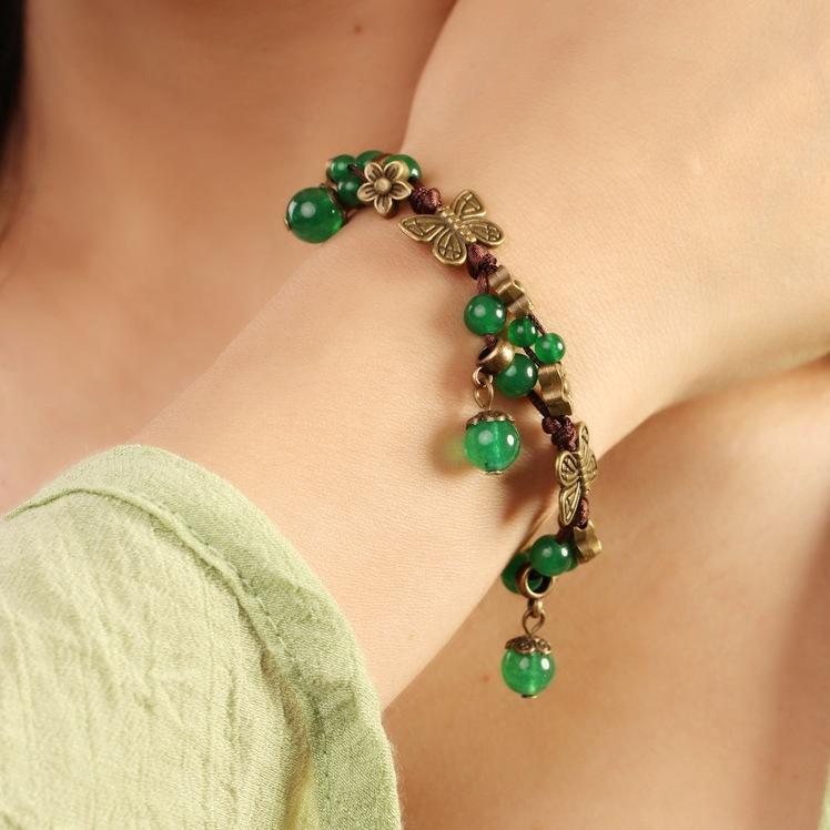 Hand-woven agate bracelet women's vintage bohemian butterfly flower fringed pendant anklet