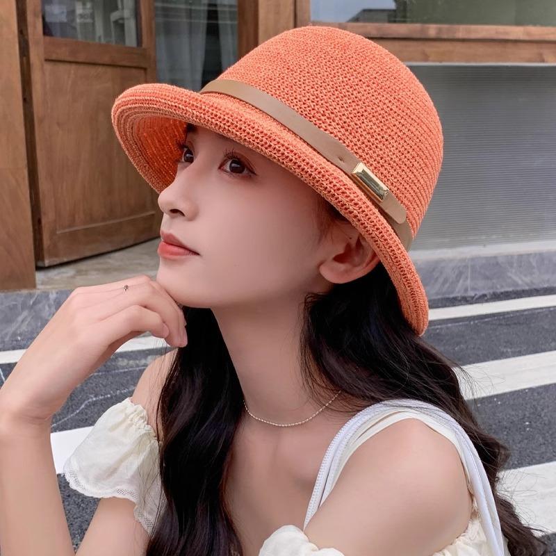

Льняная шляпа Женская соломенная шляпа Летняя солнцезащитная Тонкая куполообразная шляпа-ведро Модная универсальная шляпа от солнца для пляжа Adjustable оранжевый