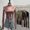 Europäischer & Amerikanischer Street Style Metallisches Schlank geschnittenes Langarm-Oberteil, T-Shirt mit halbem Stehkragen