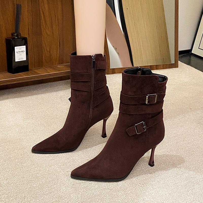 2025 new autumn and winter suede pointed thin heel Martin boots women's high heel side zipper belt buckle retro fashion short boots