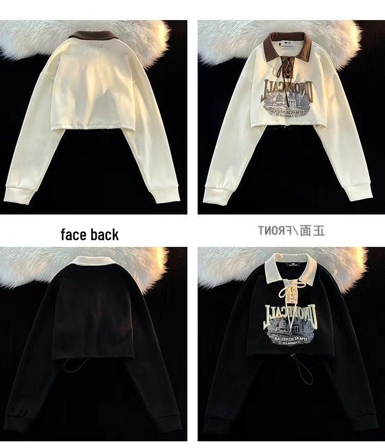 Dámská mikina slim-fit s retro barevným blokováním na šněrování s polokošilí, dlouhý rukáv, korejský styl na jaro/podzim