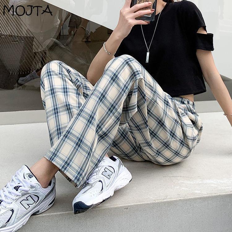 Pantalon Long à carreaux pour femmes, Simple, Vintage, décontracté, mode de rue, jambes droites et larges, été