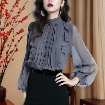 Spring Autumn Elegant Fashion Stand Collar Ruffles Pleated Blouse Women Long Sleeve Solid Cardigan Shirt Top