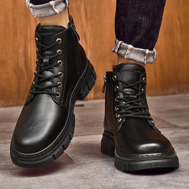 Retro Men Boots New Fashion Comfortable Autumn/Winter Plush Warm High Top Leather Boots Brand Lace Up Classic Black Mid Top Shoe