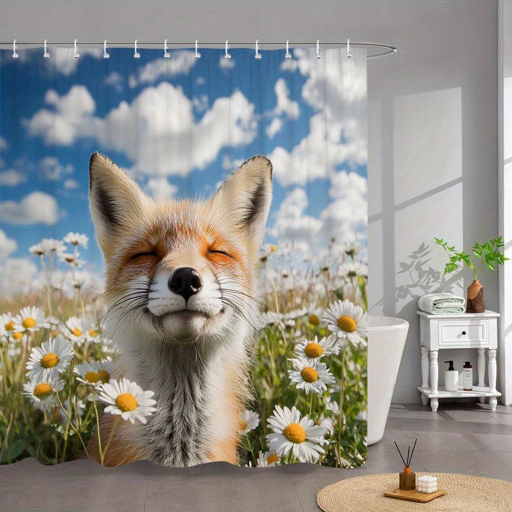 1pc Fox Sleeping in Daisies Shower Curtain - Whimsical Fox in Blue Sky & White Clouds Design, Machine Washable Polyester Bathroo 90x180cm