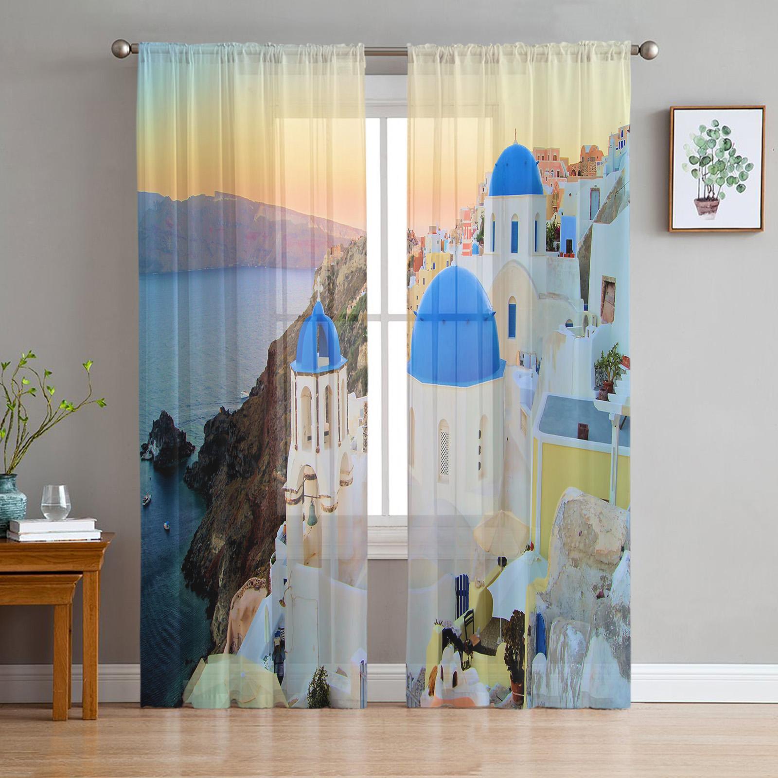 

Greece Santorini Blue Roof Church Sheer Drapes for Living Room Ornamentation Window Curtains Cooking Area Tulle Sheer Fabric Organza Curtains W135 x H115cm x1&Grommet Top