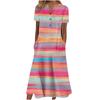 Women's V‑Neck Button Short Sleeve Midi Dress Loose Printed Casual Dress With Side Pockets