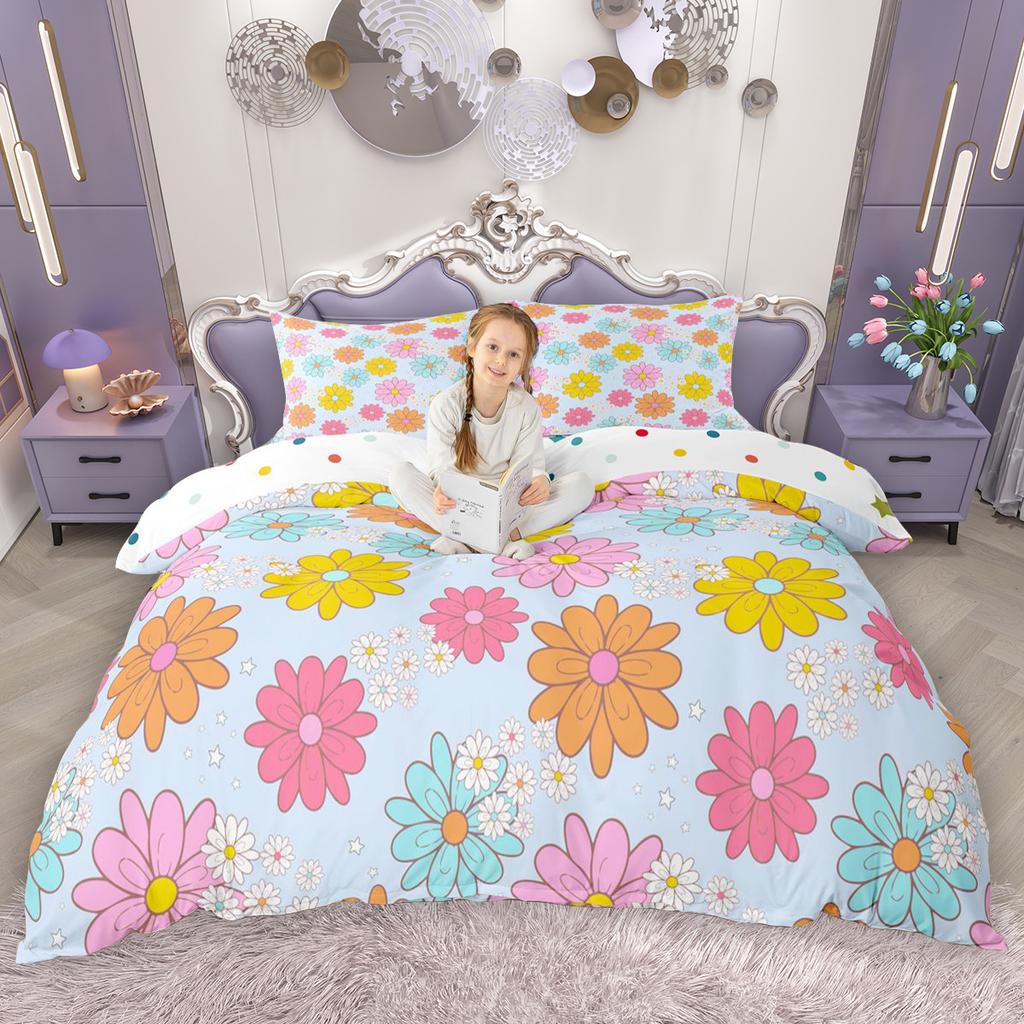 Homewish Kawaii Cherry Bowknot Duvet Cover Set Cute Groovy Flower Bed Set Cartoon Rainbow Quilt Cover Set