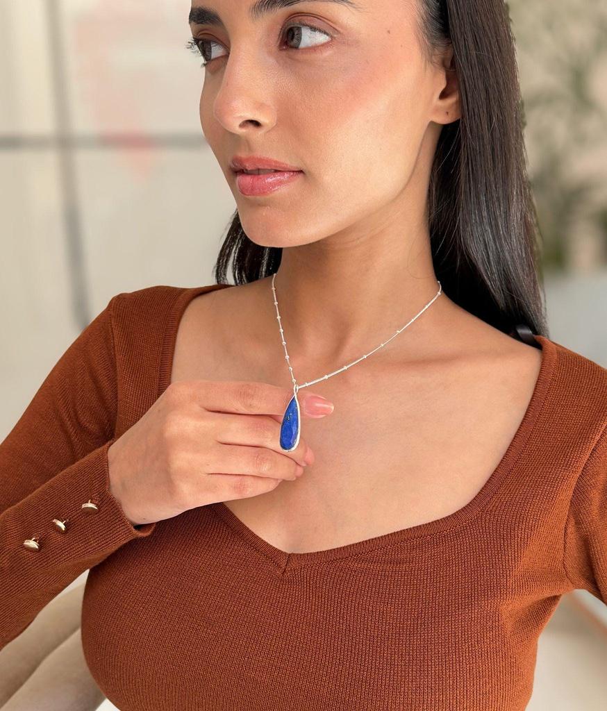 Natural Lapis Lazuli Long Necklace Sterling Silver Feminine Necklace for Women Teardrop Healing Crystal Daily or Occasional Wear Jewelry