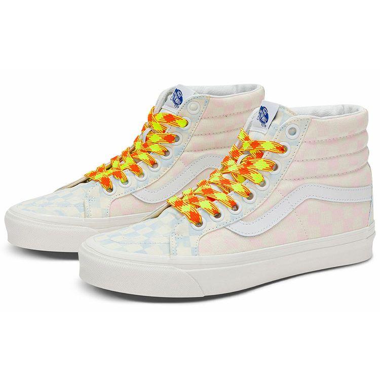 Vans Sk8 38 Cream Marshmallow Fabric Leather Checkerboard Color Block High Top Skate Shoes Unisex Sneakers Pink Blue VN0A5KRIB37