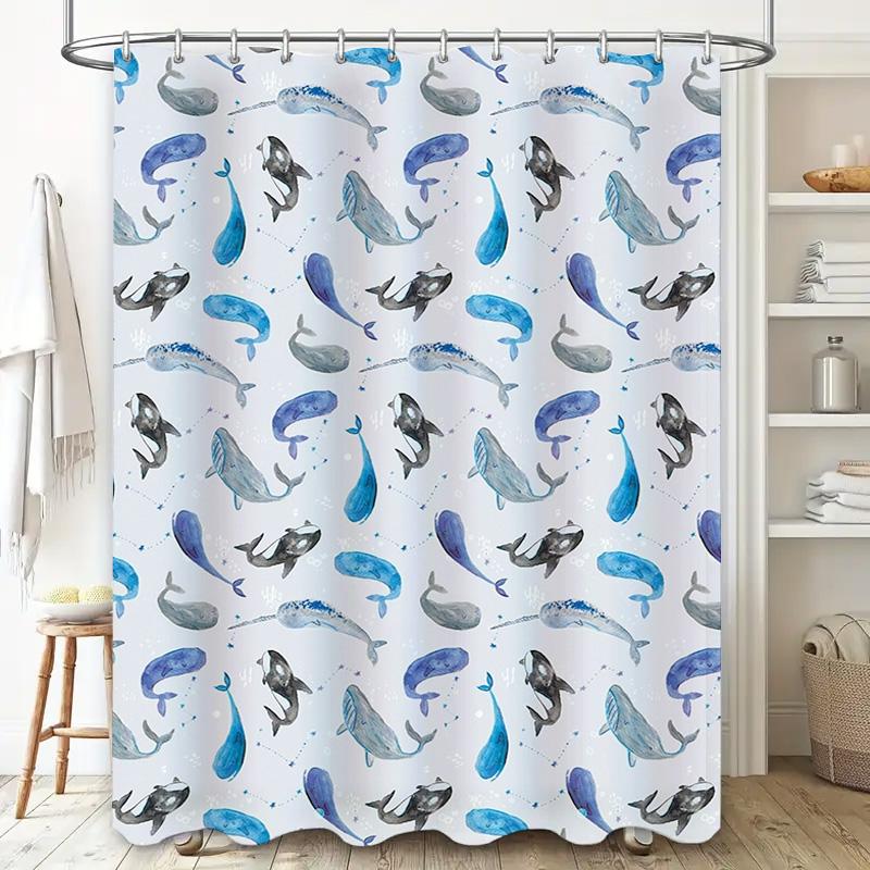 Bathroom Decor Watercolor Whale Shower Curtain Waterproof Fabric Bathroom Decoration Modern Style White Blue Tones with Fish Pri