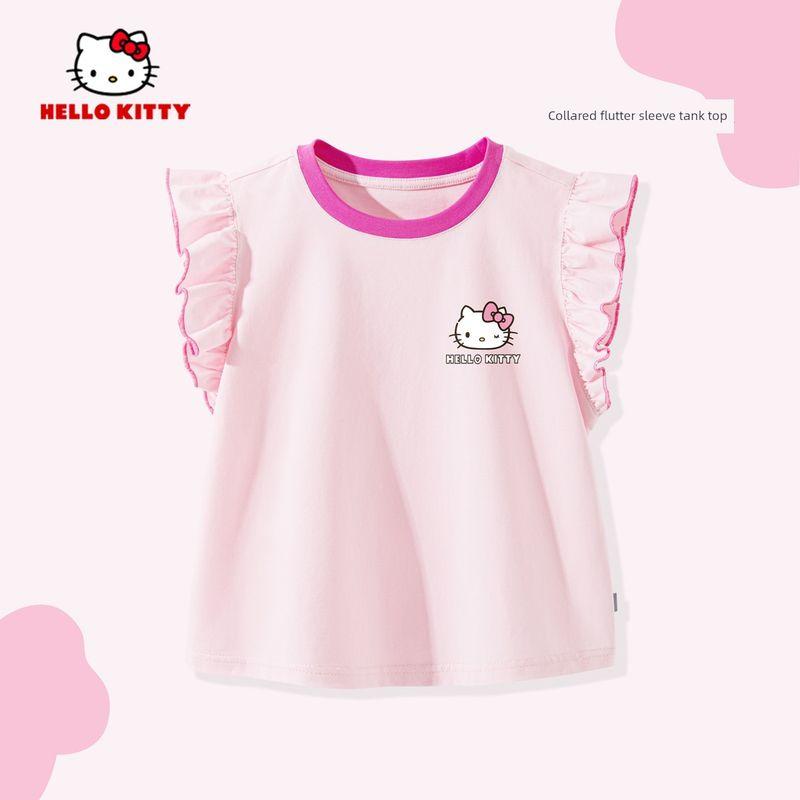 My Melody Girls' Flutter Sleeve T-Shirt Summer 2026 New Pink Children's Round Neck Top Cute Baby Girl Vest