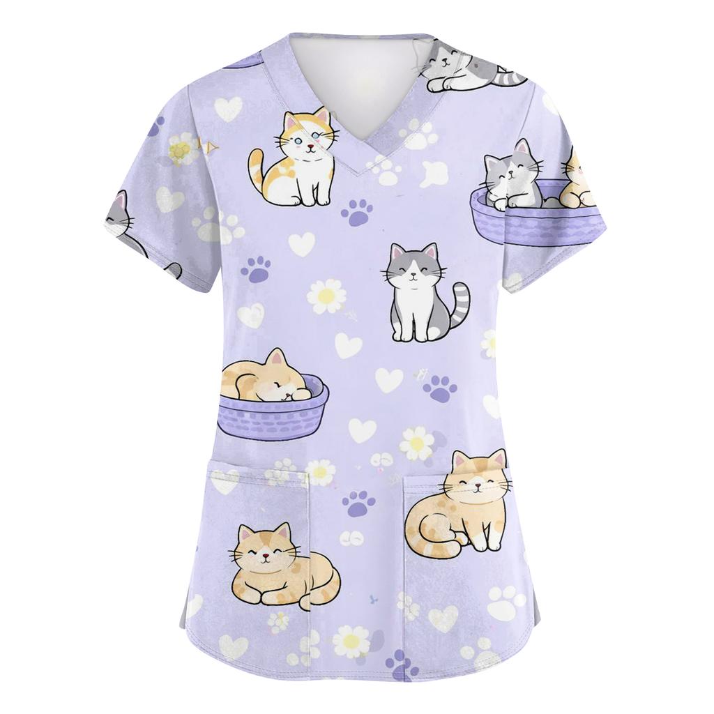 Women's Casual Short-Sleeve Cute Animal Print V-Neck Pocket Workwear Top