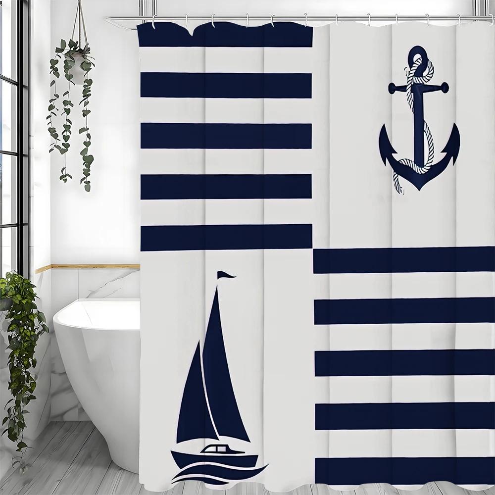 Blue and White Striped Anchor Sailboat Shower Curtain, Bathroom Decorative Shower Curtain, Waterproof Shower Curtain with Hooks