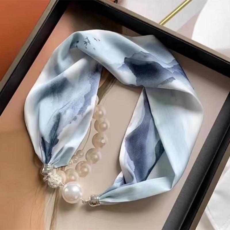 Live Season Magnet Buckle Silk Scarf Women'S Pearl Necklace Long Silk Scarf Headband Decorative Small Scarf