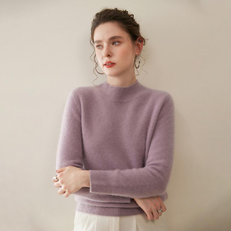 Women's Thickened Cashmere Long Sleeve Pullover - Half-High Neck, 100% Pure Knit for Autumn/Winter