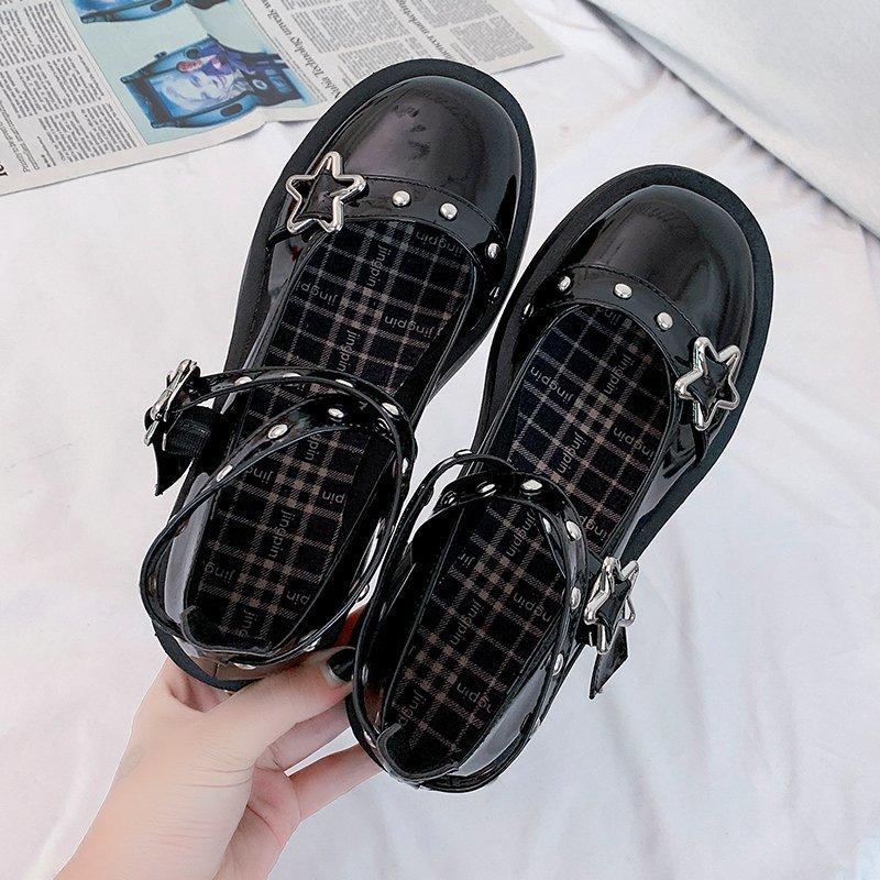 Women High Heels Lolita Shoes Platform Japanese Style Vintage Buckle Strap Mary Janes Women Cross-tied Girls Rivet Casual Shoes
