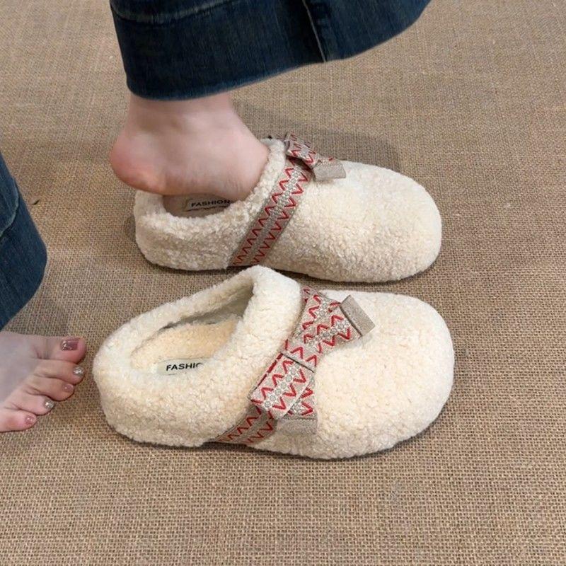 

Retro casual fluffy slippers autumn and winter bow lamb wool bag head fur integrated home women s thick-soled slippers 40 бежевый