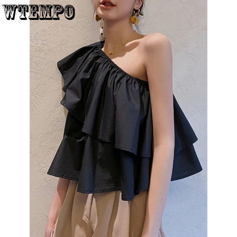 Sweet Off Shoulder Ruffled Top Women White Short T-shirt High Waist Navel Expose Sexy Desire Sleeveless Sloping Shoulder Summer