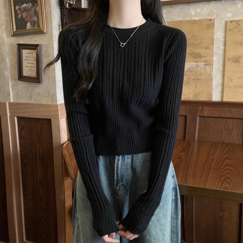 Autumn clothing winter design sense pit strip slim short sweater women's inner top Andy fleece bottoming knitted sweater
