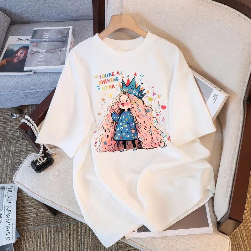 Tricou cu mânecă scurtă din bumbac pur, alb, pentru femei, de vară, nou, de dimensiuni mari, design lejer, imprimat, subțire, cu mânecă jumătate