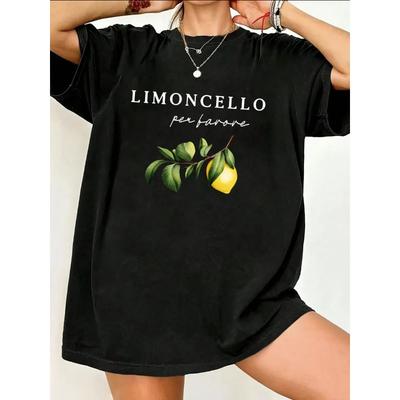 T-shirt da Donna Oversize a Maniche Corte con Scritta "LIMONCELLO per favore" e Stampa di Ramo di Limone