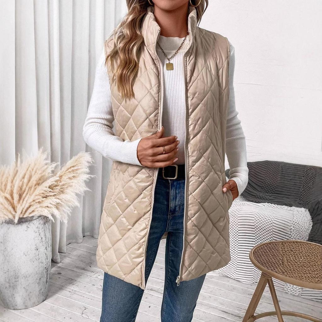 Autumn and winter new solid color rhombus cotton clothes zipper pocket vest