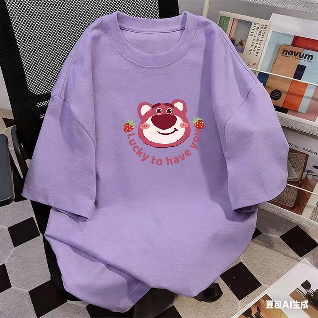 Girls Pink Cotton T Shirt Summer Cartoon Short Sleeve Round Neck Top For Big Kids Fashionable Casual Tee